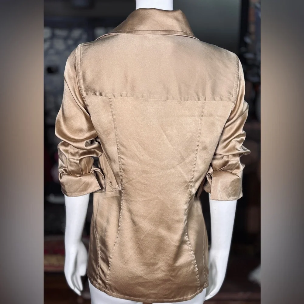 Kaufmanfranco Tan Stretch Silk Button Down Collared Blouse w/ Lace Bralette Sz 8 - Picture 5 of 11